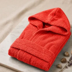 Accappatoio bambino in spugna con cappuccio rosso