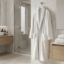 Accappatoio in Spugna Cimato Scialle con piping Bianco
