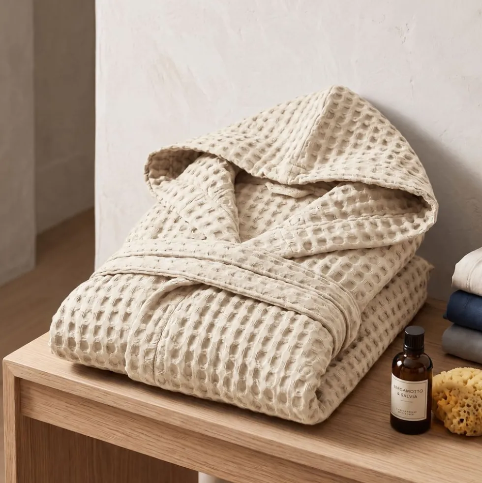 Accappatoio Nido d'ape napone con cappuccio Beige