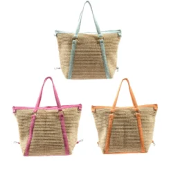 Borsa in Paglia e Tessuto Verde Acqua