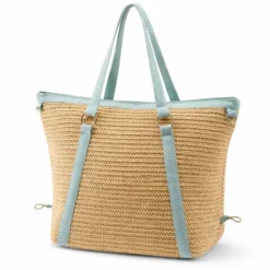 Borsa in Paglia e Tessuto Verde Acqua