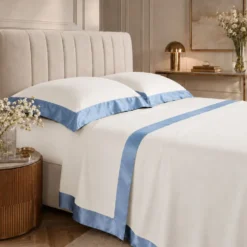 Completo Lenzuola CREOLE Cotone Balza Raso Panna/Azzurro Matrimoniale