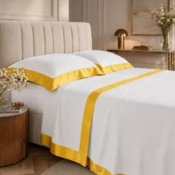Completo Lenzuola CREOLE Cotone Balza Raso Panna/Giallo Matrimoniale
