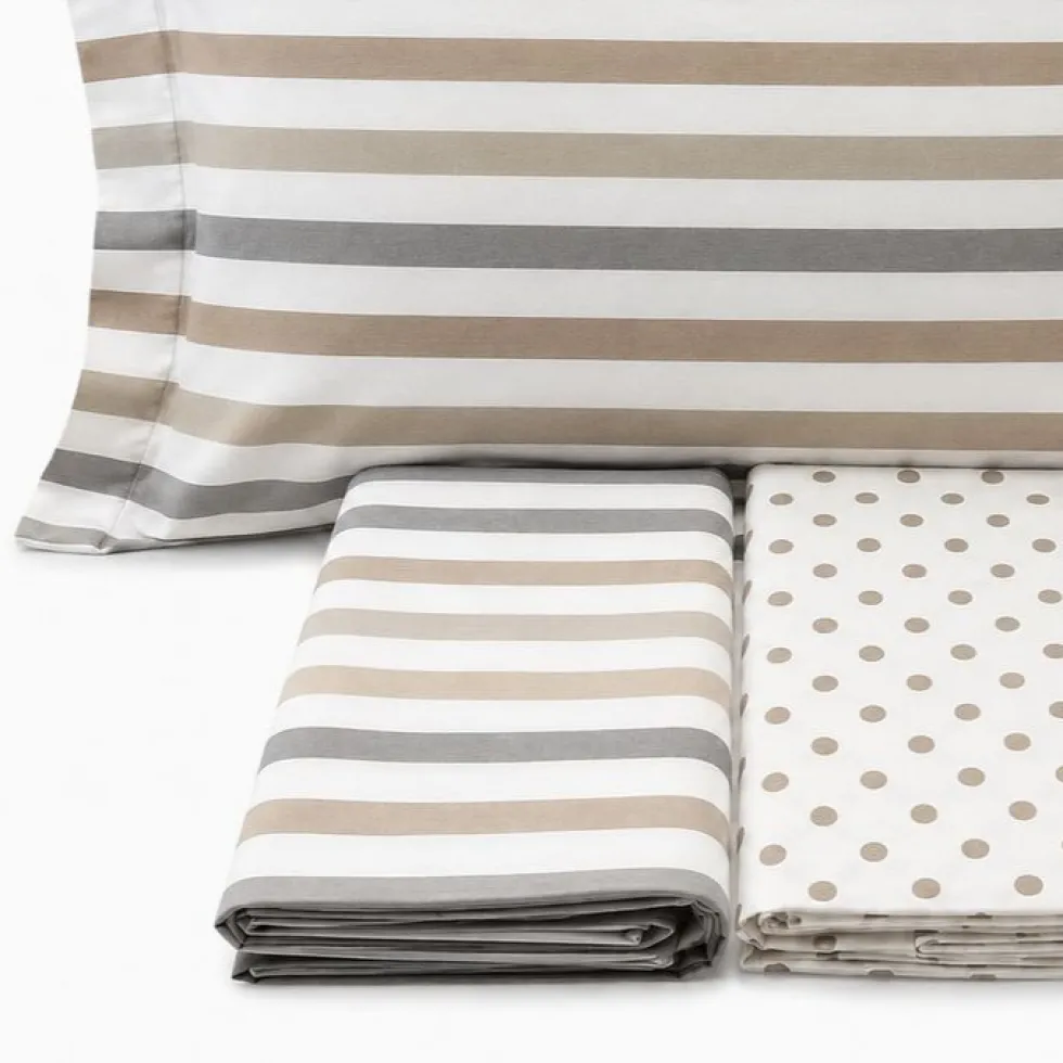 Completo Lenzuola dots e stripe tortora Matrimoniale
