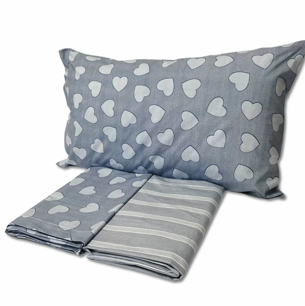 Completo Lenzuola Dream cuoricini e righe azzurro piazza e mezzo