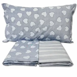Completo Lenzuola Dream cuoricini e righe azzurro piazza e mezzo