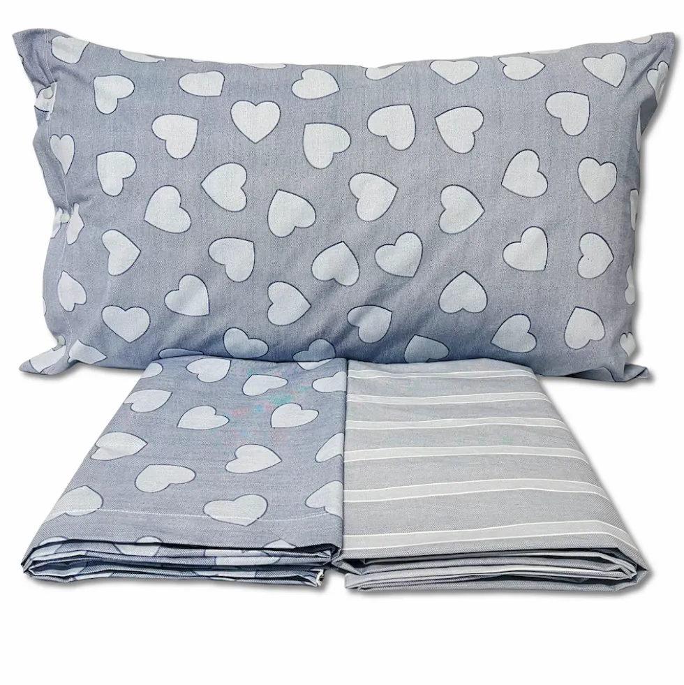 Completo Lenzuola Dream cuoricini e righe azzurro piazza e mezzo