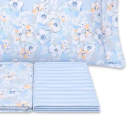 Completo Lenzuola Fiori Indie Azzurro Matrimoniale