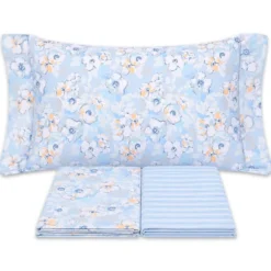 Completo Lenzuola Fiori Indie Azzurro Matrimoniale