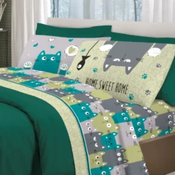 Completo Lenzuola Gatti felici Verde Singolo