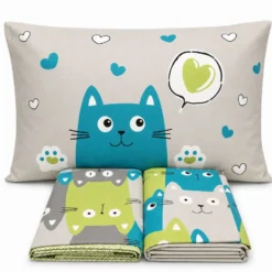 Completo Lenzuola Gatti felici Verde Piazza e mezzo