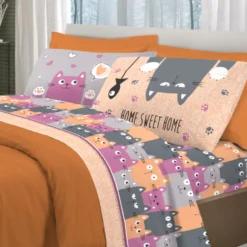Completo Lenzuola Gatti felici Arancio Piazza e mezzo
