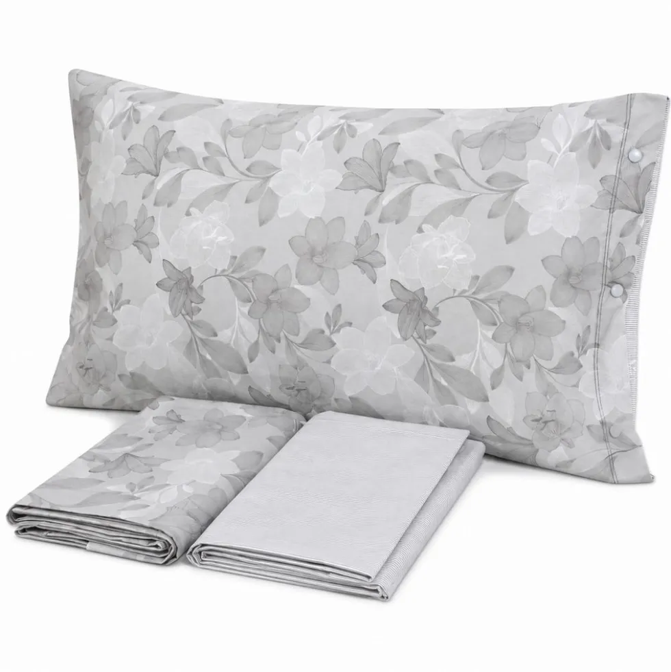 Completo Lenzuola Lilly Foglie Grigio Piazza e mezzo