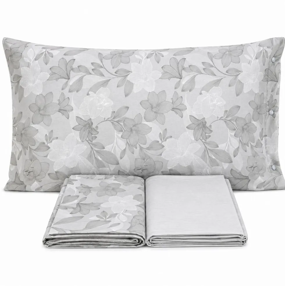 Completo Lenzuola Lilly Foglie Grigio Piazza e mezzo