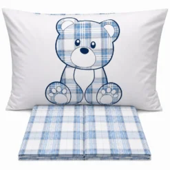 Completo Lenzuola Orsetto tartan Azzurro Piazza e mezzo