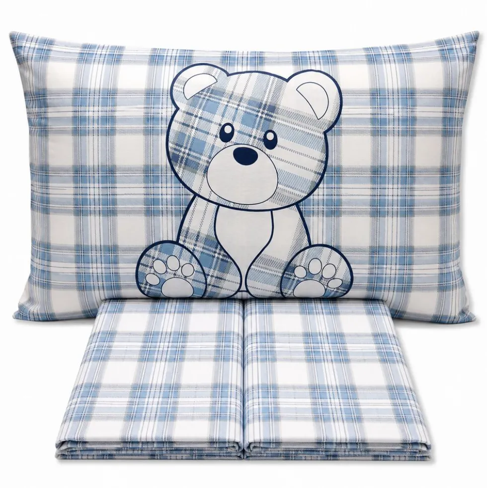 Completo Lenzuola Orsetto tartan Azzurro Piazza e mezzo
