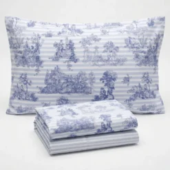 Completo Lenzuola Percalle Toile de jouy blu Matrimoniale