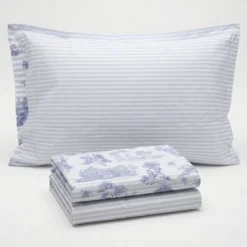 Completo Lenzuola Percalle Toile de jouy blu Matrimoniale