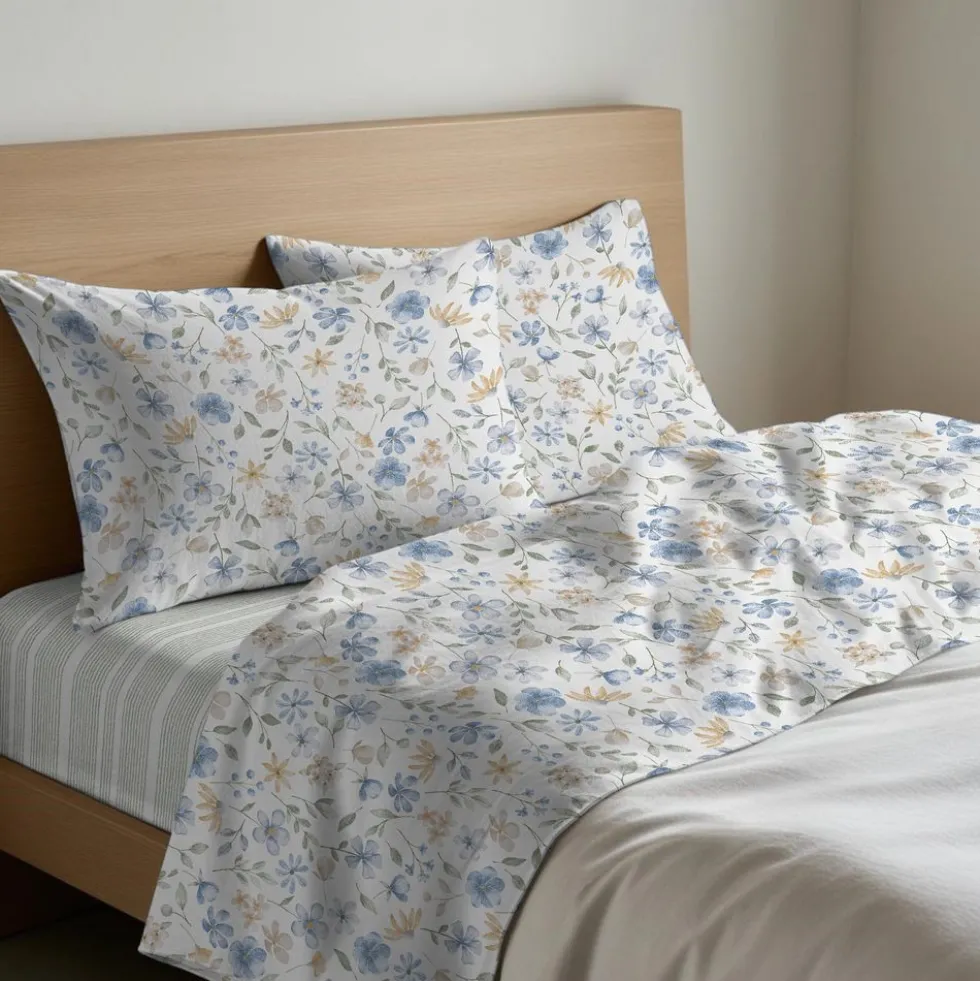 Completo Lenzuola Primavera Fiorellini Azzurri Matrimoniale