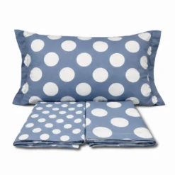 Completo Lenzuola Volant Moon pois Azzurro Matrimoniale