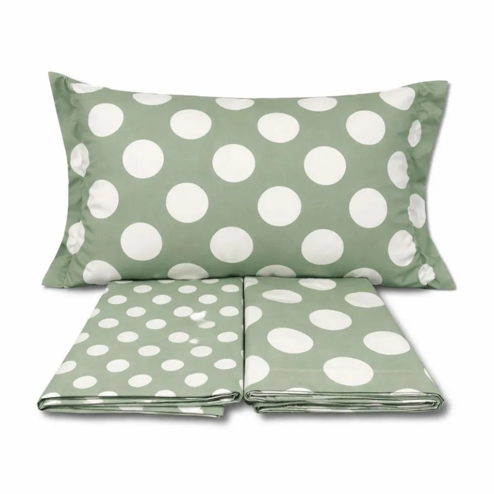 Completo Lenzuola Volant Moon pois Verde Matrimoniale