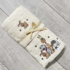 Coppia asciugamani Cani ricamati panna