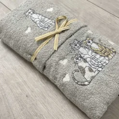Coppia asciugamani Gatti ricamati grigio
