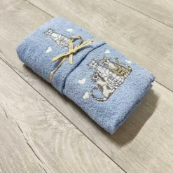 Coppia asciugamani Gatti ricamati azzurro