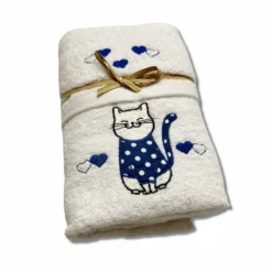 Coppia asciugamani Gattone ricamato blu su bianco