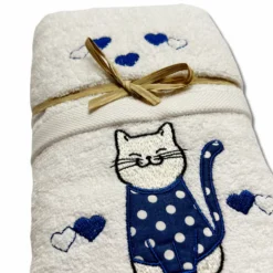 Coppia asciugamani Gattone ricamato blu su bianco