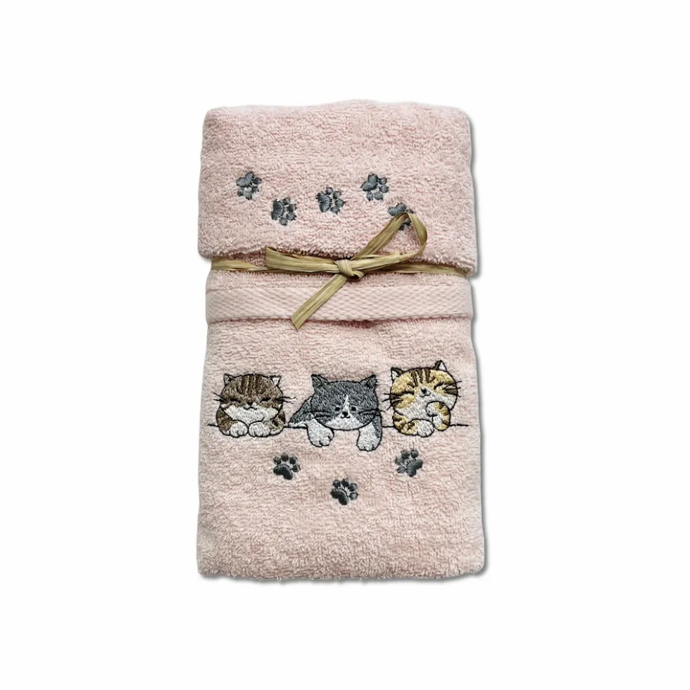 Coppia asciugamani ricamati Tre gattini rosa