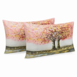 Coppia Federe Decoration Disegno 12 Alberi Fiori Rosa