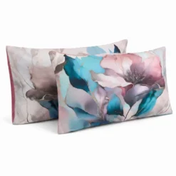 Coppia Federe Decoration Disegno 10 Fiori Rosa Azzurro