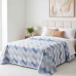 Copridivano Copriletto in piquet Zig Zag Moderno Blu Matrimoniale
