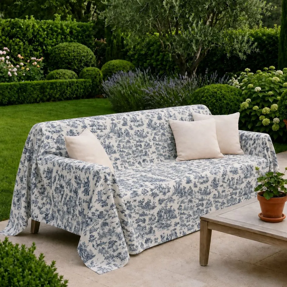 Copridivano copritutto Toile de Jouy Blu fondo Panna 160 x 280