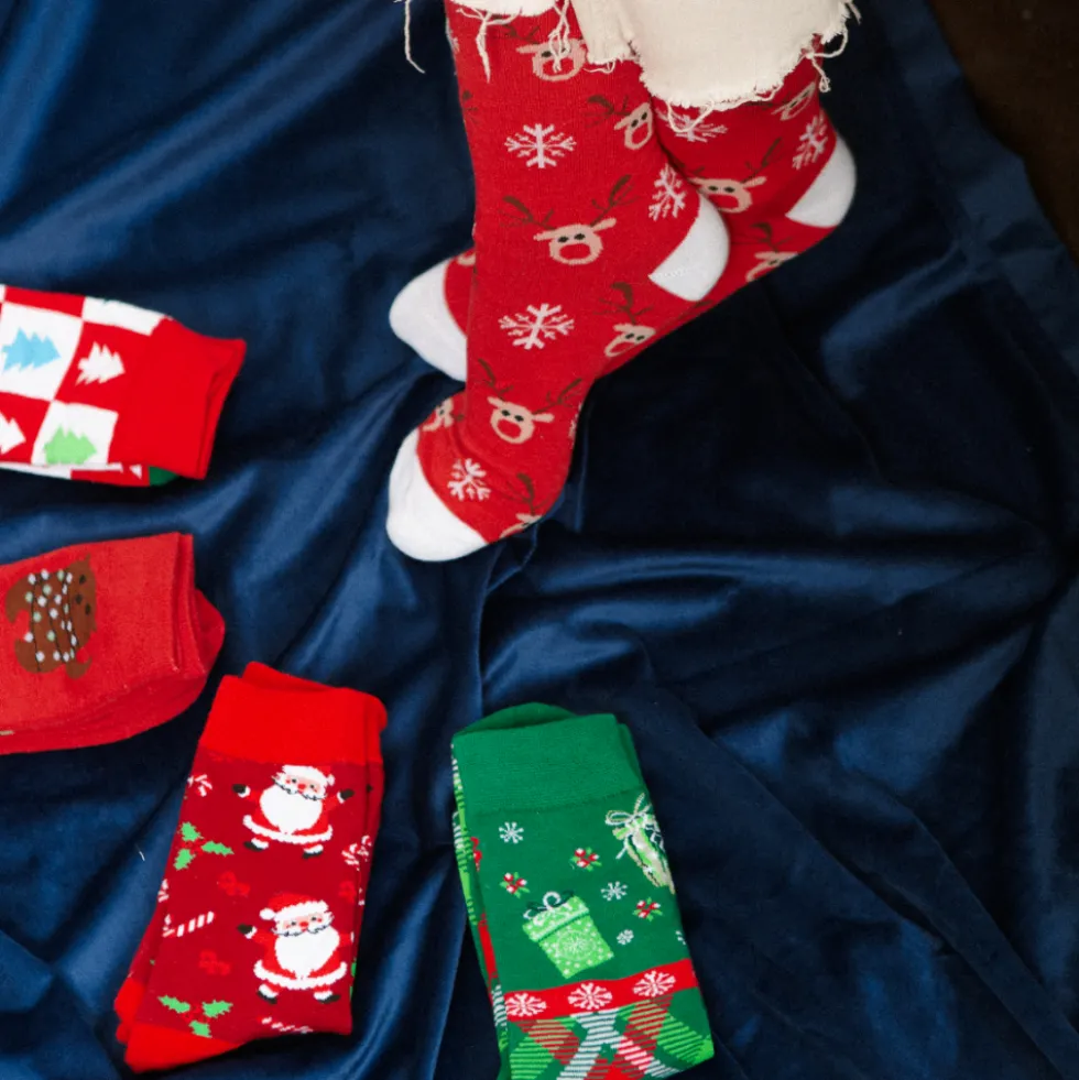 2 Paia Calze Natalizie in Scatola Regalo Renne e Alberelli