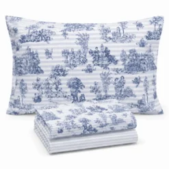 Parure Copripiumino cotone Percalle Toile de jouy blu Matrimoniale