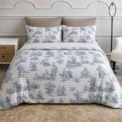 Parure Copripiumino cotone Percalle Toile de jouy blu Matrimoniale