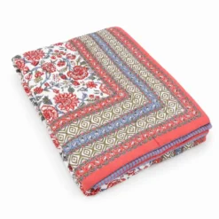 Plaid Imbottito double face stampato Jaipur Fiori Rossi Bluette 130x170