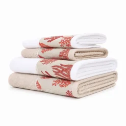 Set 2 + 2 Asciugamani CREOLE Balza Corallo Bianco/Beige Lampone