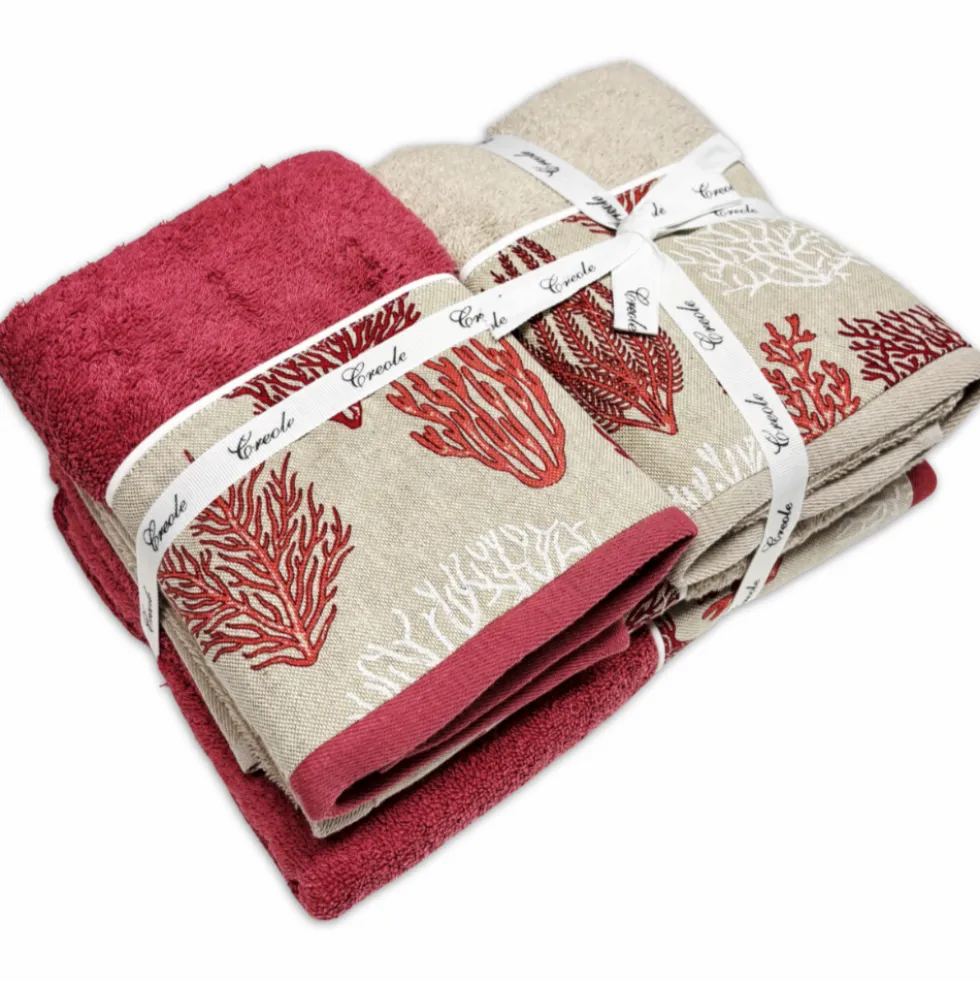 Set 2 + 2 Asciugamani CREOLE Balza Corallo Lampone/Beige