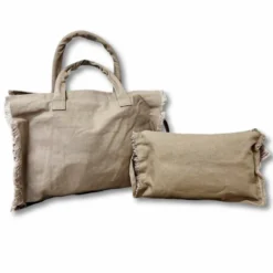 Set Borsa mare + pochette frange tortora