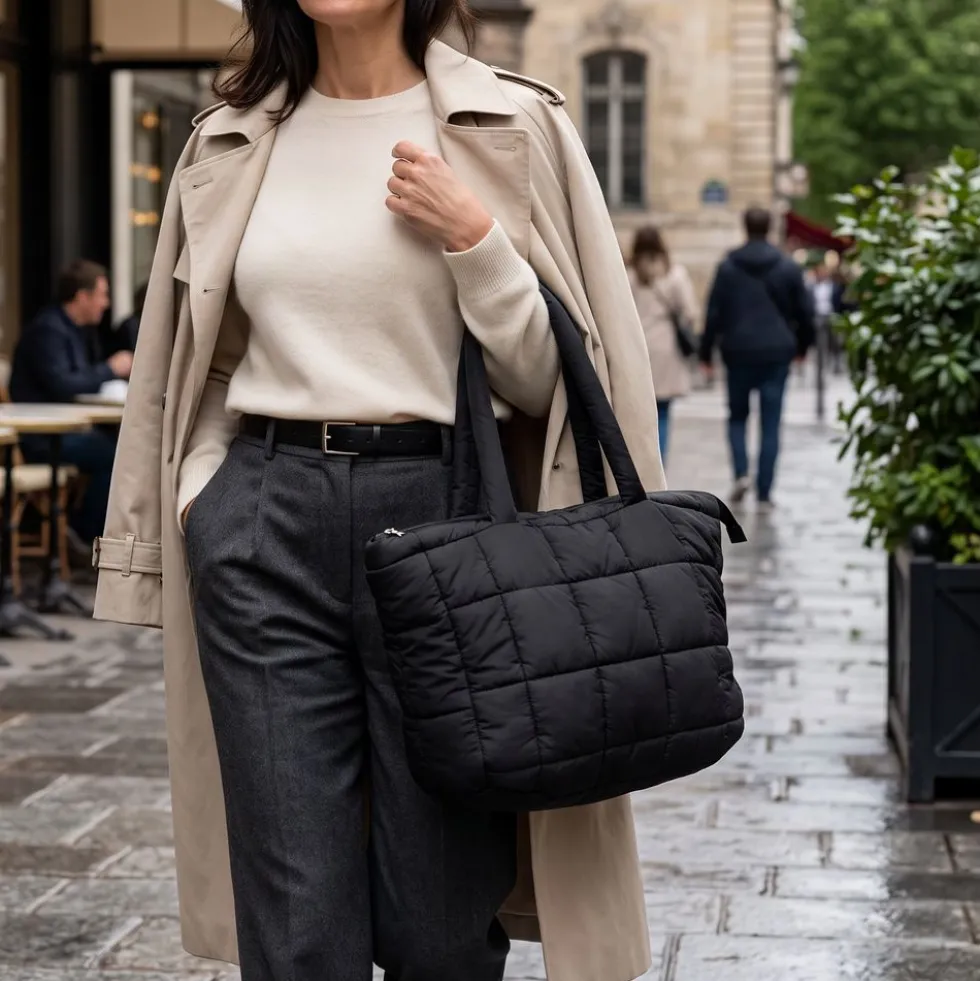 Set Borsa Tote + pochette trapuntata puffer louise nera
