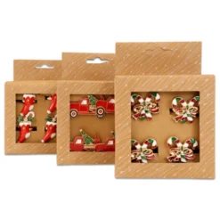 Set 4 portatovaglioli in metallo laccato Calza Natalizia