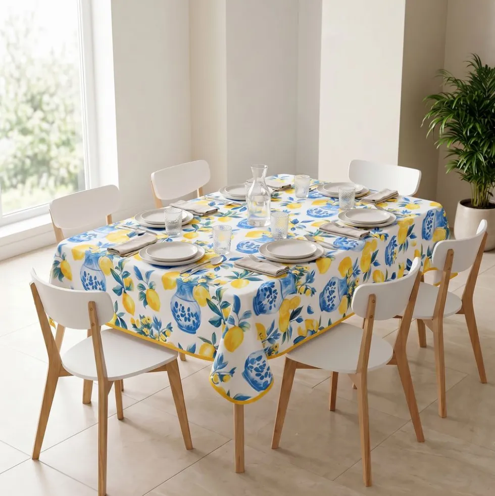 Tovaglia Antimacchia Hydro Frutta Disegno 4 Limoni e Vasi blu 140 x 180
