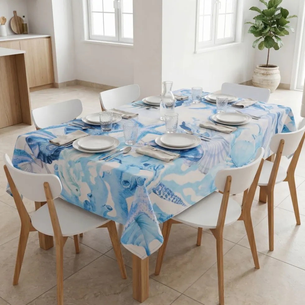 Tovaglia antimacchia Kiki Mare Stelle Conchiglie Alghe Azzurre 140x180